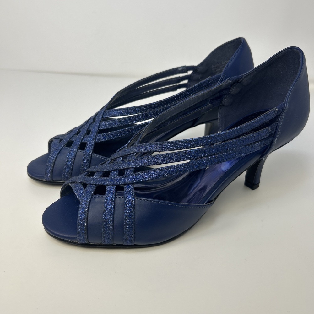 Easy Street‎ Oceana Navy Satin Glitter Peep Toe Pumps Heels Comfort 6.5 W